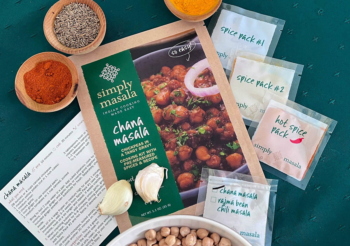 Simply Masala pre-measured spices and recipe package for easy cooking of Indian food