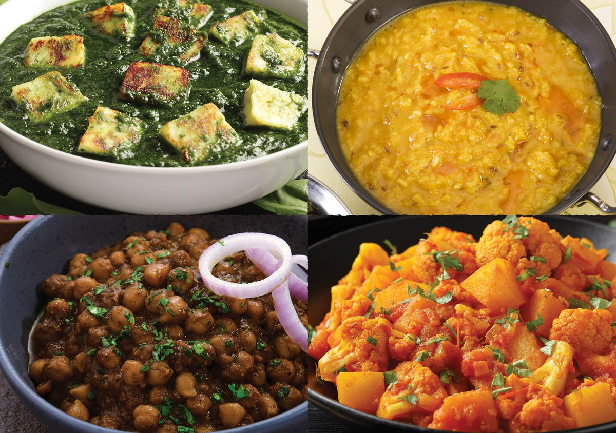 sag paneer  spinach cheese aloo gobi cauliflower potato chana masala chickpeas lentil dal fan favorites kit for Simply Masala kits