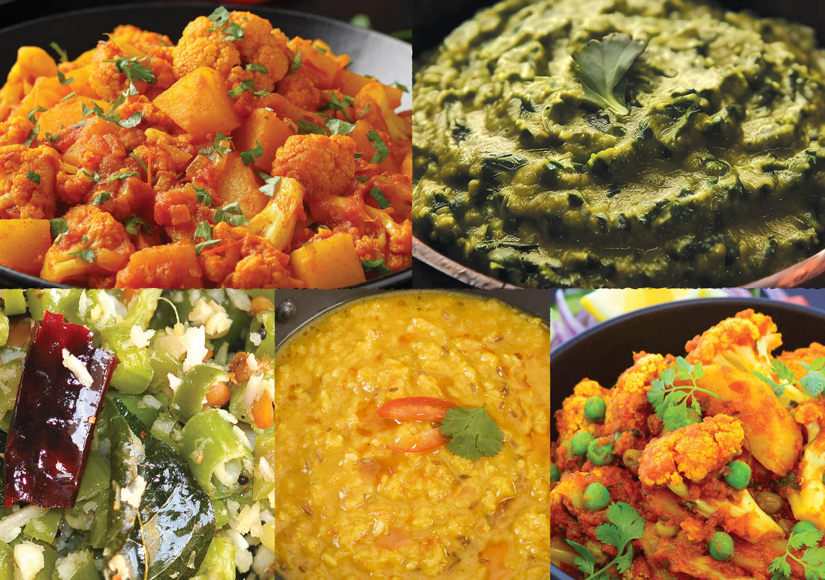 Aloo gobi cauliflower potato sabzi mixed vegetable medley, Yellow tadka dal lentil soup or side poriyal aromatic vegetable spinach masiyal mildly spiced spinach and lentil Simply Masala kit for Indian cooking