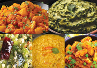 Aloo gobi cauliflower potato sabzi mixed vegetable medley, Yellow tadka dal lentil soup or side poriyal aromatic vegetable spinach masiyal mildly spiced spinach and lentil Simply Masala kit for Indian cooking