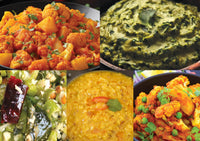 Aloo gobi cauliflower potato sabzi mixed vegetable medley, Yellow tadka dal lentil soup or side poriyal aromatic vegetable spinach masiyal mildly spiced spinach and lentil Simply Masala kit for Indian cooking 